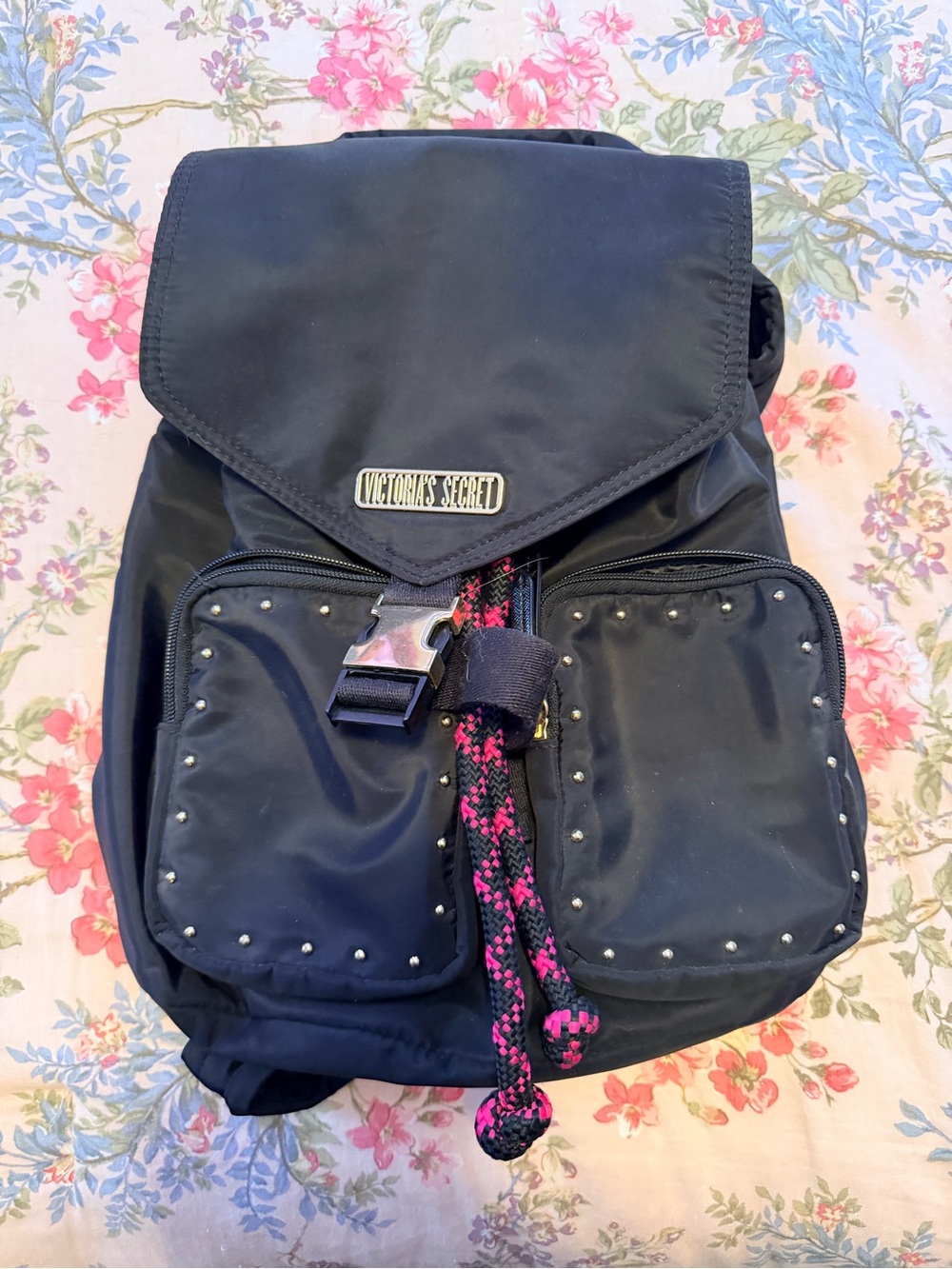 Victoria's Secret Nylon Black Backpack with Pink Accent Cord & Studs